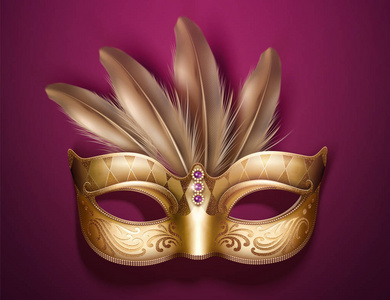 迷人的金色面具与羽毛在3D插图勃艮第紫背景