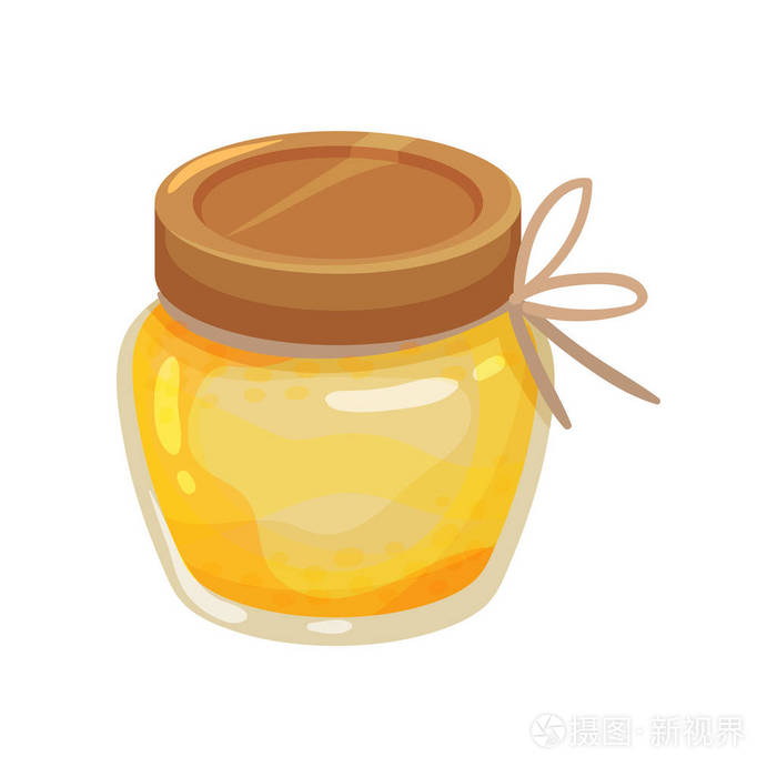 小玻璃瓶新鲜蜂蜜.有机和健康的产品.甜食.卡通矢量设计