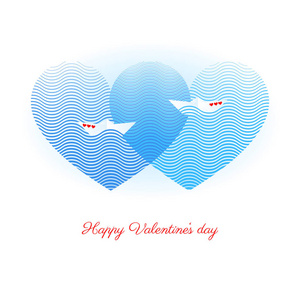 快乐情人节矢量贺卡，两只纸船，红色的心浮在碧波上