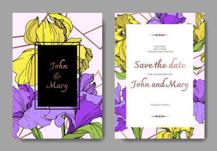 矢量优雅的婚礼邀请卡与黄色和紫色虹膜。