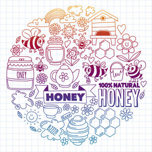 蜜蜂的矢量图像, 有机农场蜂蜜。图案与夏天的花朵。健康食品