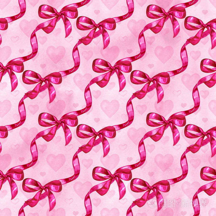 水彩蝴蝶结, 手绘粉红色丝带隔离, 无缝图案, 装饰