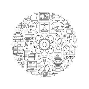 薄平插图中的技术概念。 未来技术线图标圆形状孤立矢量插图。 圆形设计元素，技术图标矢量