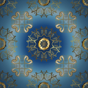 手绘装饰框架专辑封面贺卡复古艺术装饰风格。 矢量抽象花圈从金色涂鸦幻想叶和花的蓝色中性和棕色。