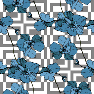 白色几何背景上的矢量蓝色兰花。 无缝背景图案。 织物壁纸印花纹理。