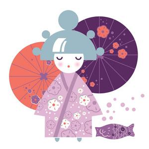 一个穿和服的日本女孩的插图，里面有阳伞鱼和花。 花装饰樱花樱花。 非常适合春天的问候