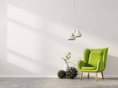 现代客厅有绿色扶手椅和灯。 斯堪的纳维亚室内设计家具。 三维渲染图
