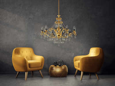 现代客厅有黄色扶手椅和金灯。 斯堪的纳维亚室内设计家具。 三维渲染图