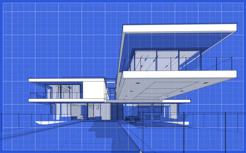 现代舒适房屋的三维渲染草图与车库出售或租赁。 图形黑线草图与白点在蓝图背景。