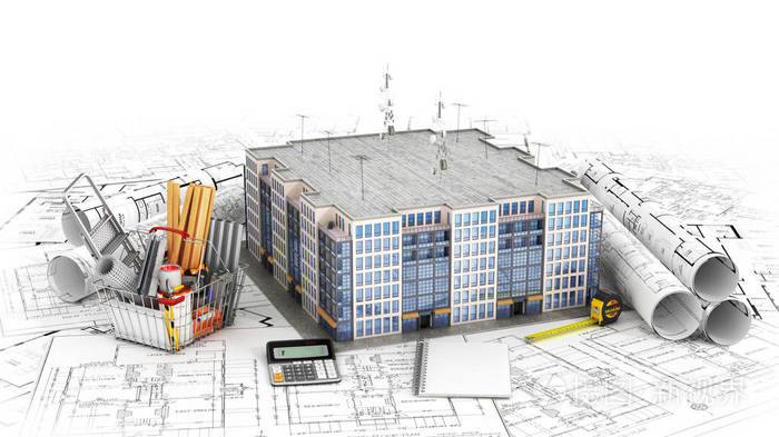 有建筑师蓝图上的工具的住宅