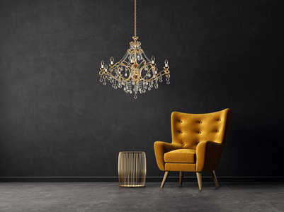带有黄色扶手椅和金色吊灯的现代客厅..北欧室内设计家具..三维渲染图