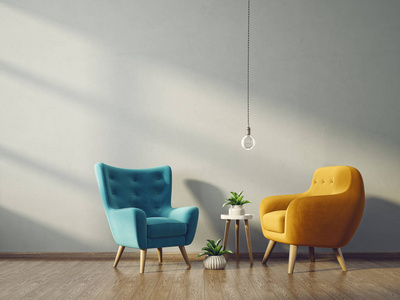 带黄色和蓝色扶手椅的现代客厅。北欧室内设计家具..三维渲染图