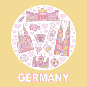 德国卡通旅游矢量图符号等，装饰海报平面设计风格为旅游设计