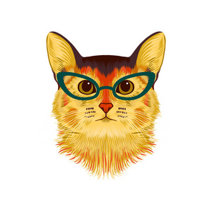 野生动物园领结戴眼镜的阿比西尼亚猫的手绘肖像.