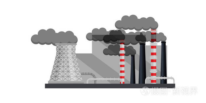 工厂有冒烟的烟囱,金属管和工业建筑.火电厂.平面矢量设计