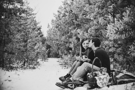 在雪地公园野餐时吃饼干和喝热茶的快乐年轻夫妇的肖像