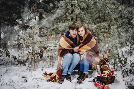 在雪地公园野餐的年轻夫妇的肖像