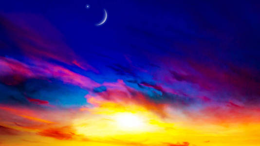 穆巴拉克的背景。红色的夕阳和月亮。穆巴拉克的背景。在云层的背景下。美丽的天空。