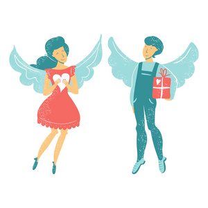 女孩和男孩天使的性格持有的心和礼物。平面样式插图。情人节贺卡。一对天使