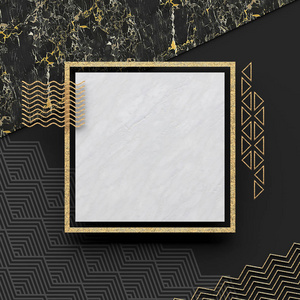 白色大理石上的方形边框，背景暗，有纹理的黄金元素。 复制空间。 抽象的几何构图。 三维渲染。