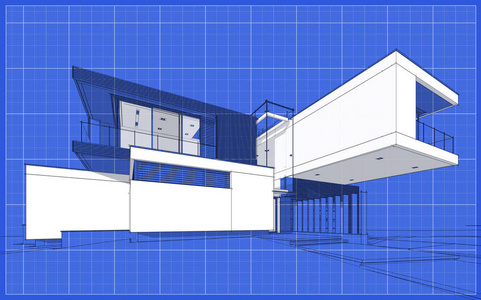 现代舒适房屋的三维渲染草图与车库出售或租赁。 图形黑线草图与白点在蓝图背景。