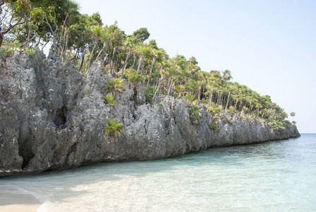 罗坦岛海滩洪都拉斯陡峭的岩石海岸线。