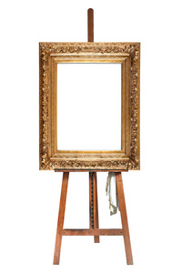 s easel and empty antique golden frame isolated with clipping pa