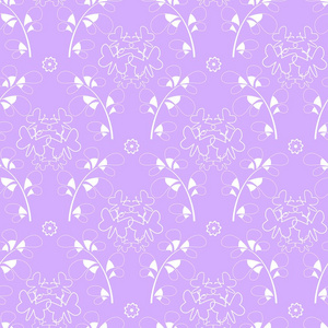 现代两种颜色的Damask叶叶和花矢量无缝图案与手绘蝴蝶。 优雅的紫色粉彩背景和白色图纸。