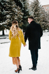快乐的一对夫妇在冬天的公园里享受和散步