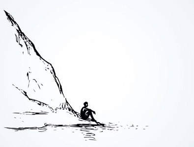 线黑色墨手画悲伤孤独的年轻女孩在空间为文字在白色的天空.