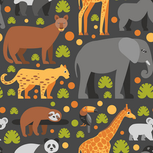 扁平风格的图案与熊猫，巨嘴鸟，考拉，长颈鹿，大象和其他类型的热带动物。 带花和叶子的热带动物的矢量无缝图案。