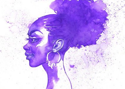 水彩画美女非洲女人。画单色时装插图。白底美人手绘