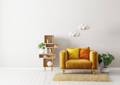 现代客厅有黄色扶手椅和灯。 斯堪的纳维亚室内设计家具。 三维渲染图