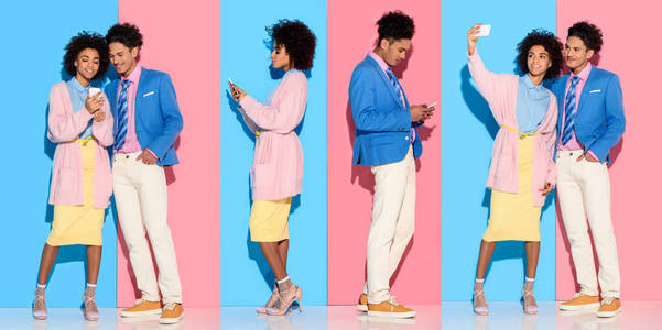 年轻的非裔美国人男女在蓝色和粉红色背景上自拍和看智能手机的拼贴。
