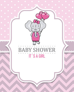 婴儿淋浴卡。 可爱的大象和心形气球。 文本空间