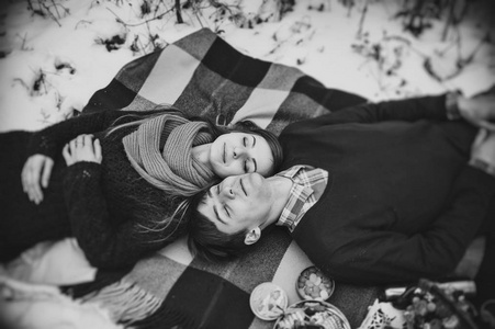 一对年轻夫妇在雪地公园野餐的画像