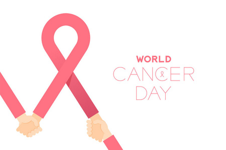 粉红色丝带乳腺癌标志牵手世界癌症日概念布局海报模板设计插图隔离白色背景与复制空间