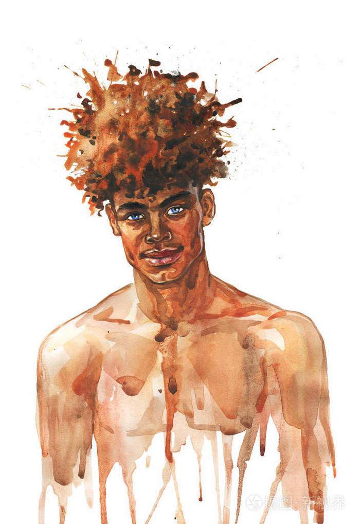 水彩英俊的非洲男人 绘画时尚插图 白色背景上肌肉发达性感男人的手绘画像照片 正版商用图片17ky5l 摄图新视界