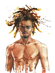 水彩英俊的非洲男人 绘画时尚插图 白色背景上肌肉发达性感男人的手绘画像照片 正版商用图片17ky5l 摄图新视界