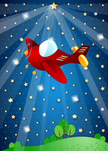 有灯光和飞机的超现实之夜,矢量插图照片