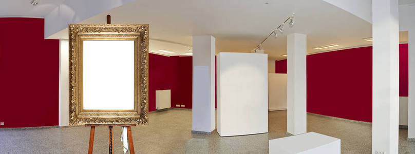 s easel and empty antique golden frame in a exhibition gallery, 