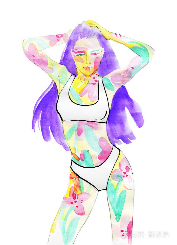 手画的抽象女人带着花.绘画生态与时尚插画.比基尼美女手绘画像