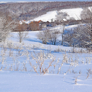 风景如画的冬季景观。冬天的村庄。