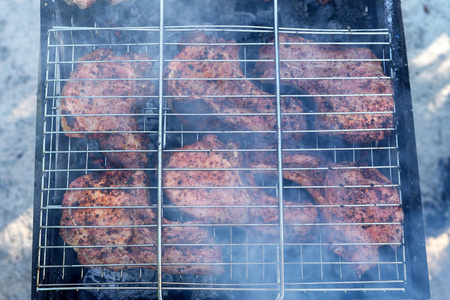 烧烤在烤架上。 烤架上煮肉