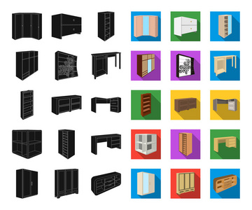 卧室家具黑色, 平面图标集设计。现代木制家具等距矢量符号股票网插图