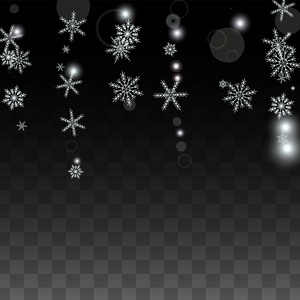 圣诞节矢量背景与白色落雪花隔离在透明的背景。逼真的雪闪闪图案。降雪覆盖打印。冬天的天空。党的邀请设计