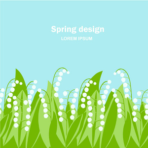 百合花的山谷雪滴无缝背景。 白色的春天花，绿色的叶子，蓝色的背景，春天的设计，玫瑰。 平面设计元素股票矢量插图网页印刷
