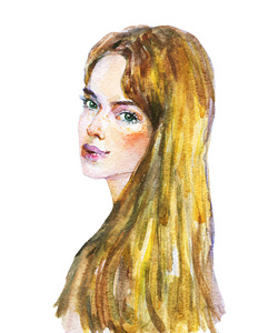 水彩美女小姐。 手绘金发女人的肖像。 白色背景的绘画时尚插图