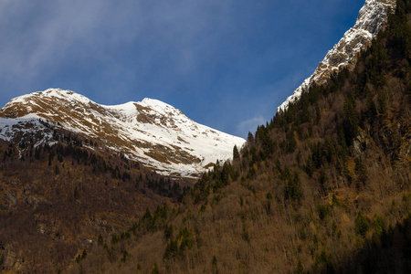 山脉全景，山峰，雪山，村庄，溪流，小径，靠近意大利阿拉尼亚瓦尔斯西亚。