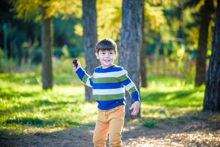男孩在森林或公园里扔泡沫飞机. 最好的童年概念.照片
